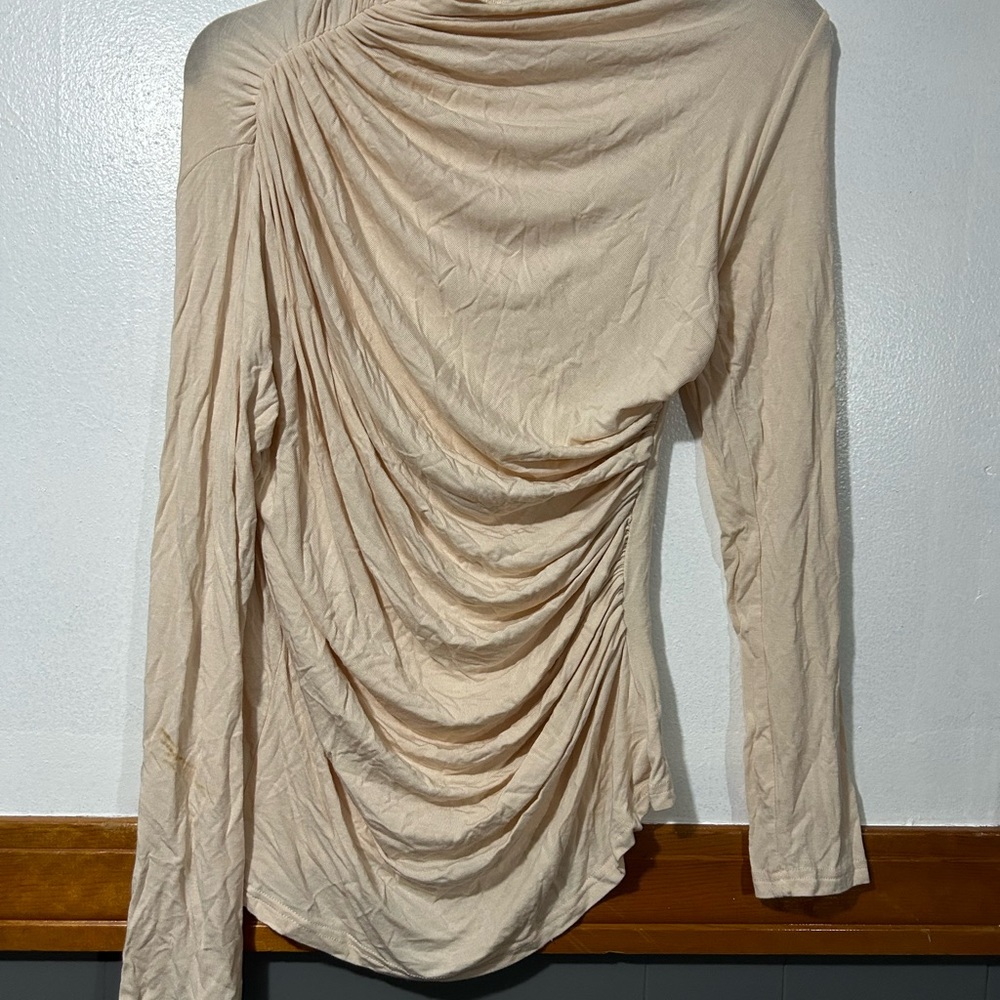 chic Beige Draped Ruched Long Sleeve Top